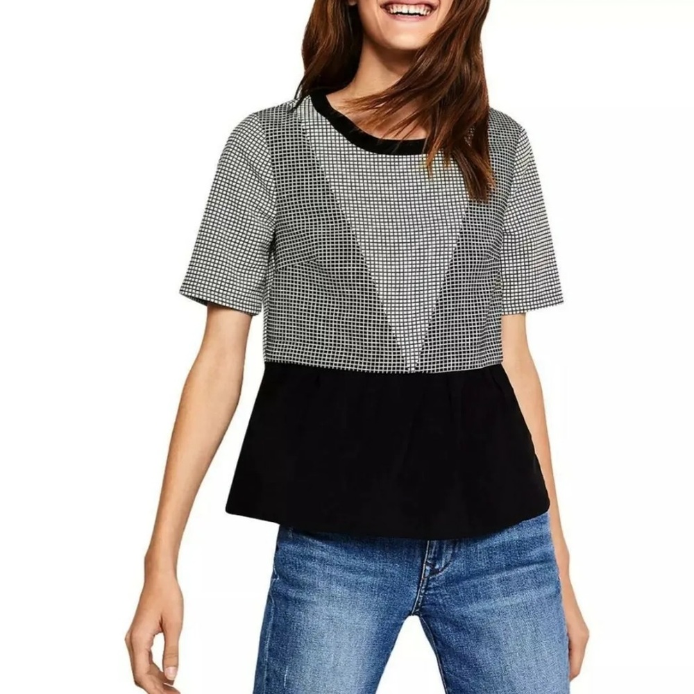 BCBGeneration Black White Check Short Sleeve Top Shirt Keyhole